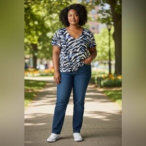 Blue and Navy Animal Print Torrid Crepe V-Neck Top in Size 0 (L / 12)